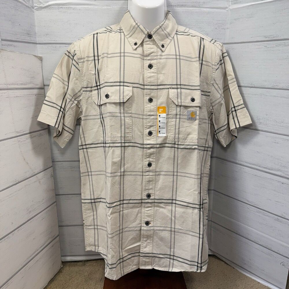 Carhartt Button Down Plaid Shirt Men's Size Medium Loose Fit Short Sleeve Beige
